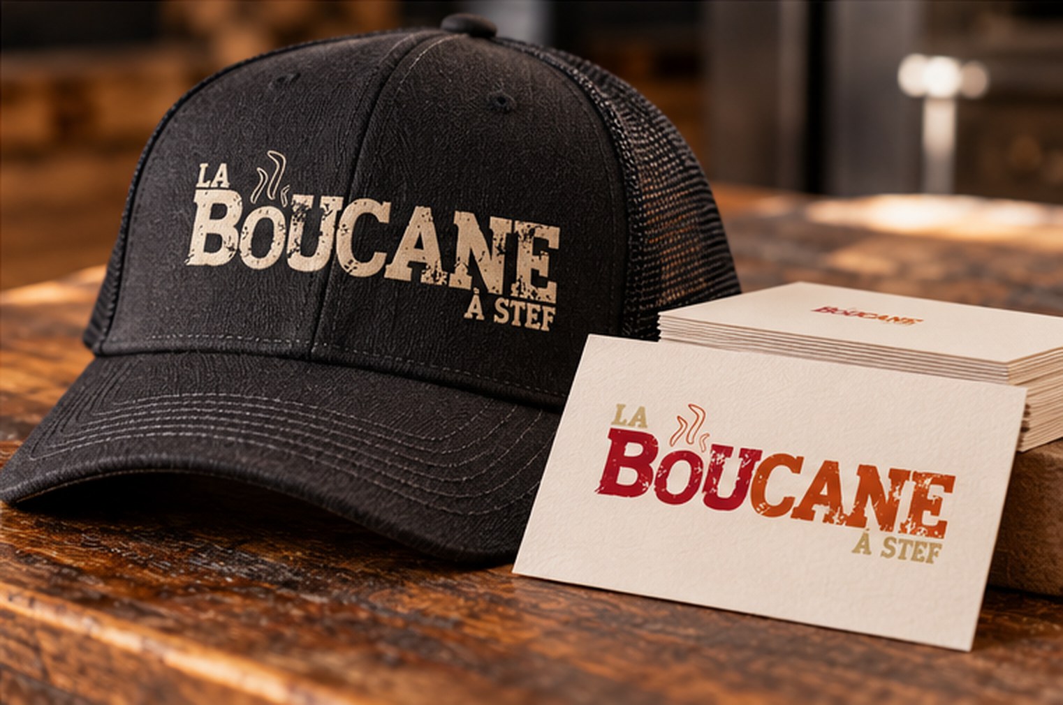 Casquette et cartes d’affaires de La Boucane à Stef