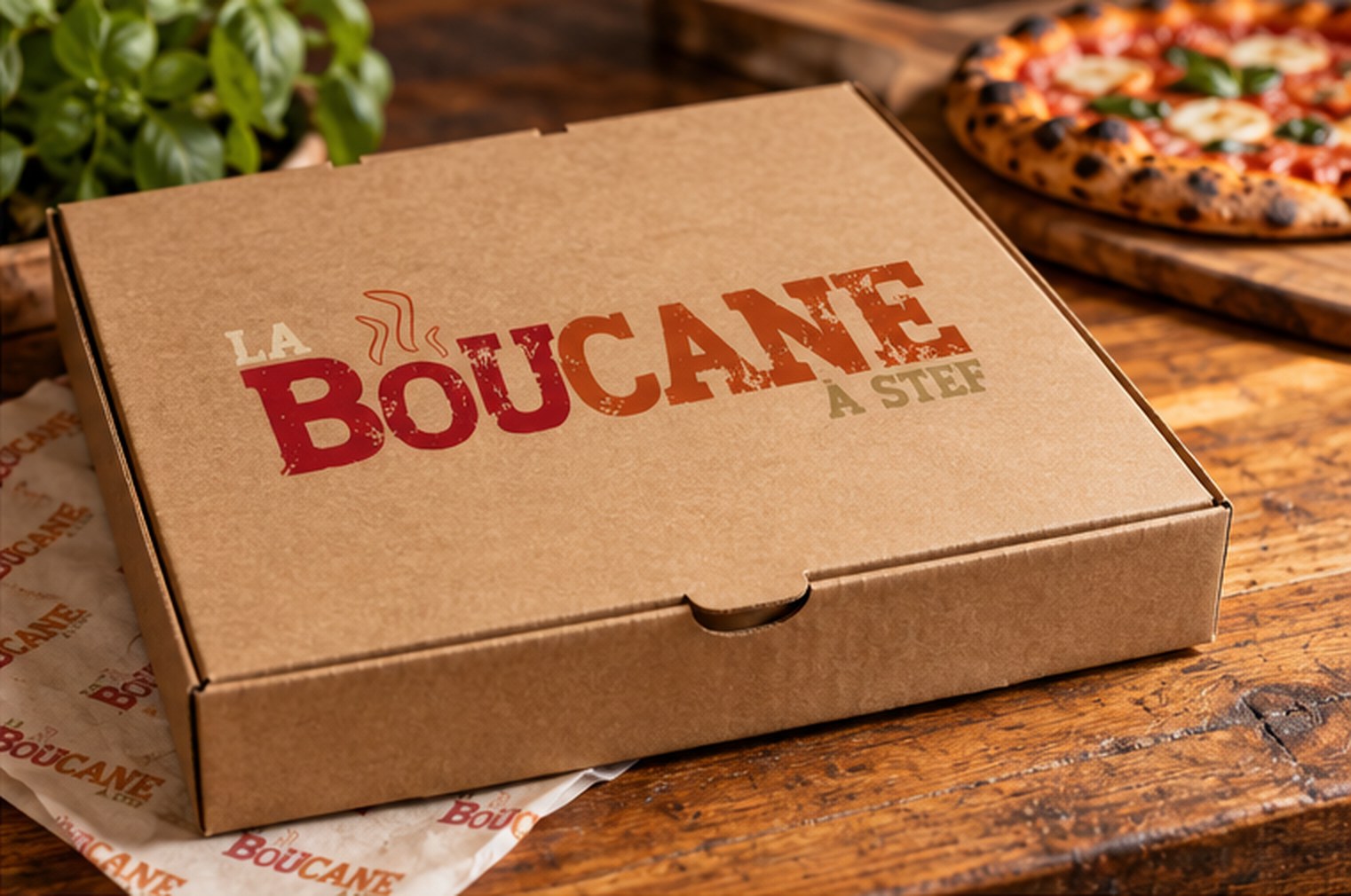 Boîte à pizza en carton brun avec le logo de La Boucane à Stef