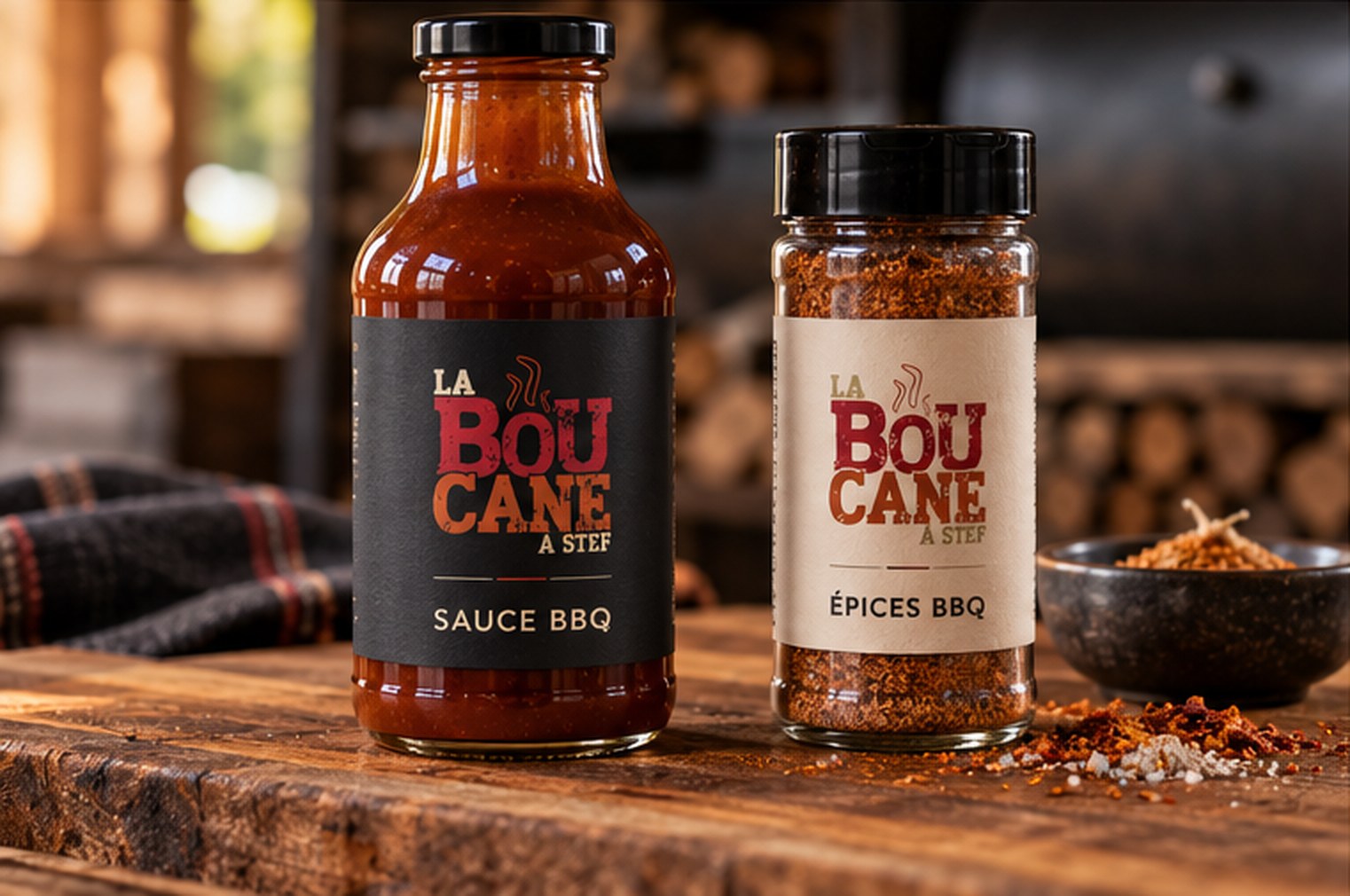 Bouteille de sauce BBQ et pot d’épices de La Boucane à Stef