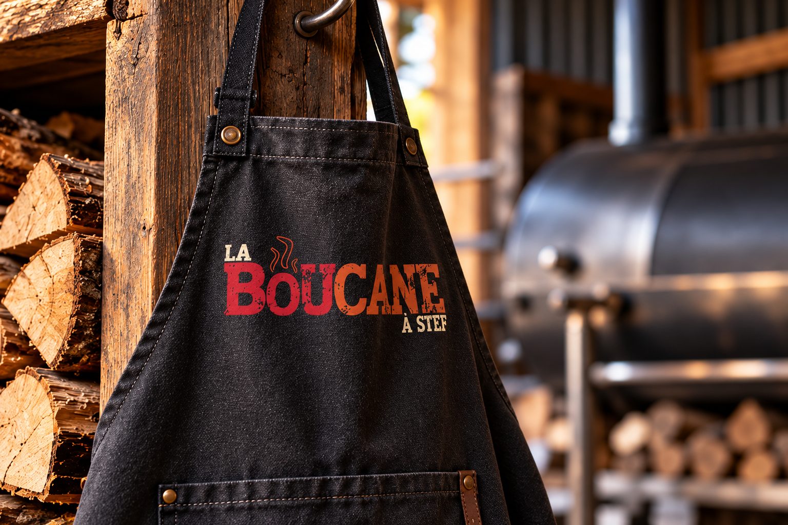 Tablier noir avec le logo de La Boucane à Stef, accroché devant un fumoir et des bûches