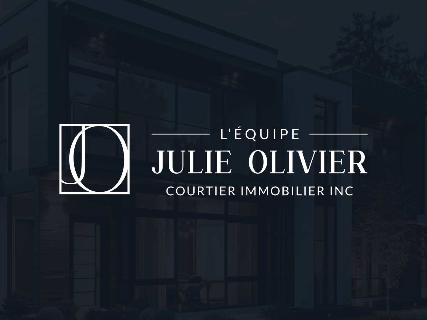Logo blanc de L’Équipe Julie Olivier sur une maison moderne bleu nuit