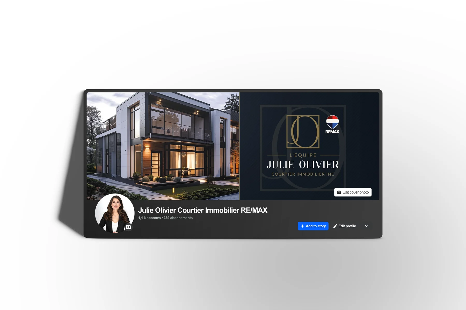 Page Facebook de L’Équipe Julie Olivier avec une couverture montrant une maison moderne et le logo doré sur fond bleu nuit
