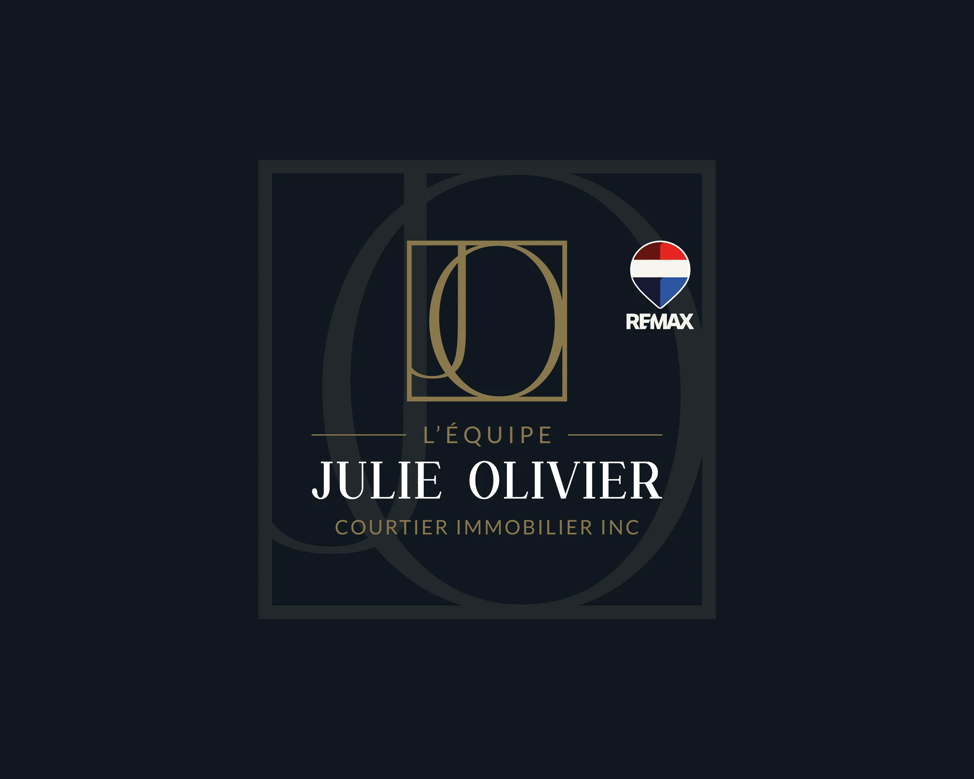 Logo de L’Équipe Julie Olivier en or et blanc sur fond bleu nuit, avec le monogramme JO et le logo RE/MAX