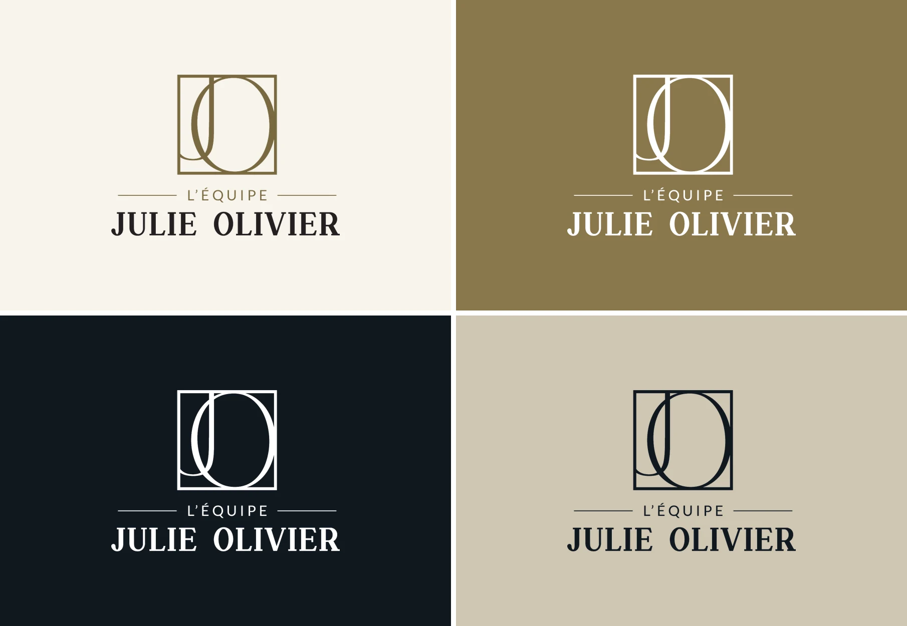 Le logo de L’Équipe Julie Olivier sur quatre fonds : crème, or, bleu nuit et beige