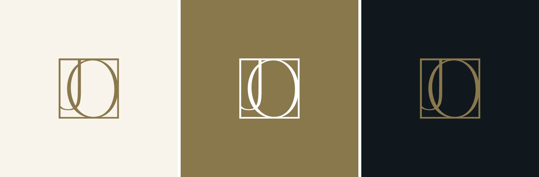 Le monogramme JO en or sur crème, en blanc sur or et en or sur bleu nuit