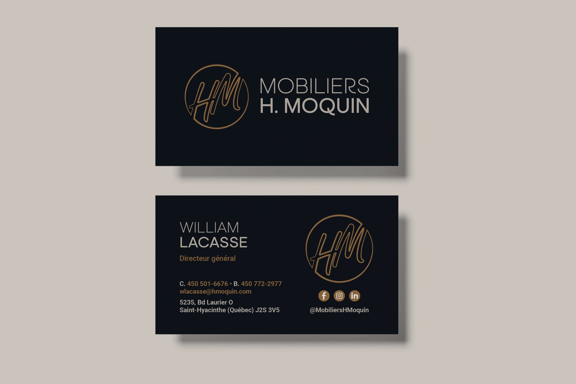 Carte d’affaires de Mobiliers H. Moquin, recto et verso