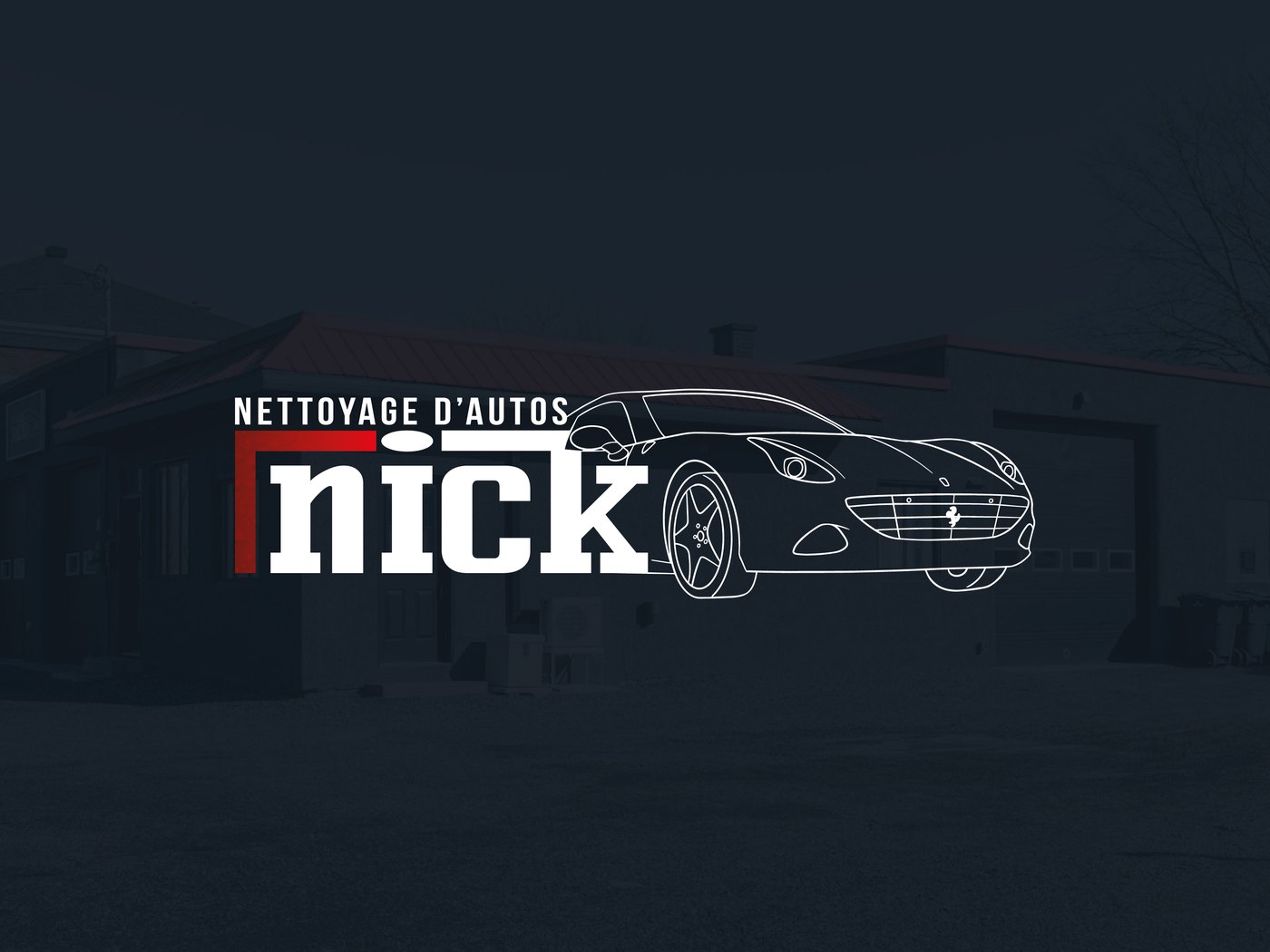 Logo de Nettoyage d’Autos Nick, un contour de voiture sport devant l’atelier de Saint-Pie