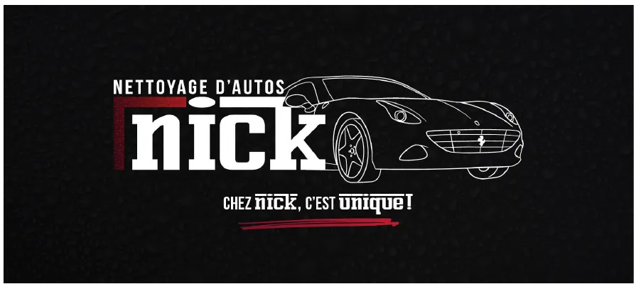 Couverture Facebook noire de Nettoyage d’Autos Nick avec le logo et la signature « Chez Nick, c’est unique! »