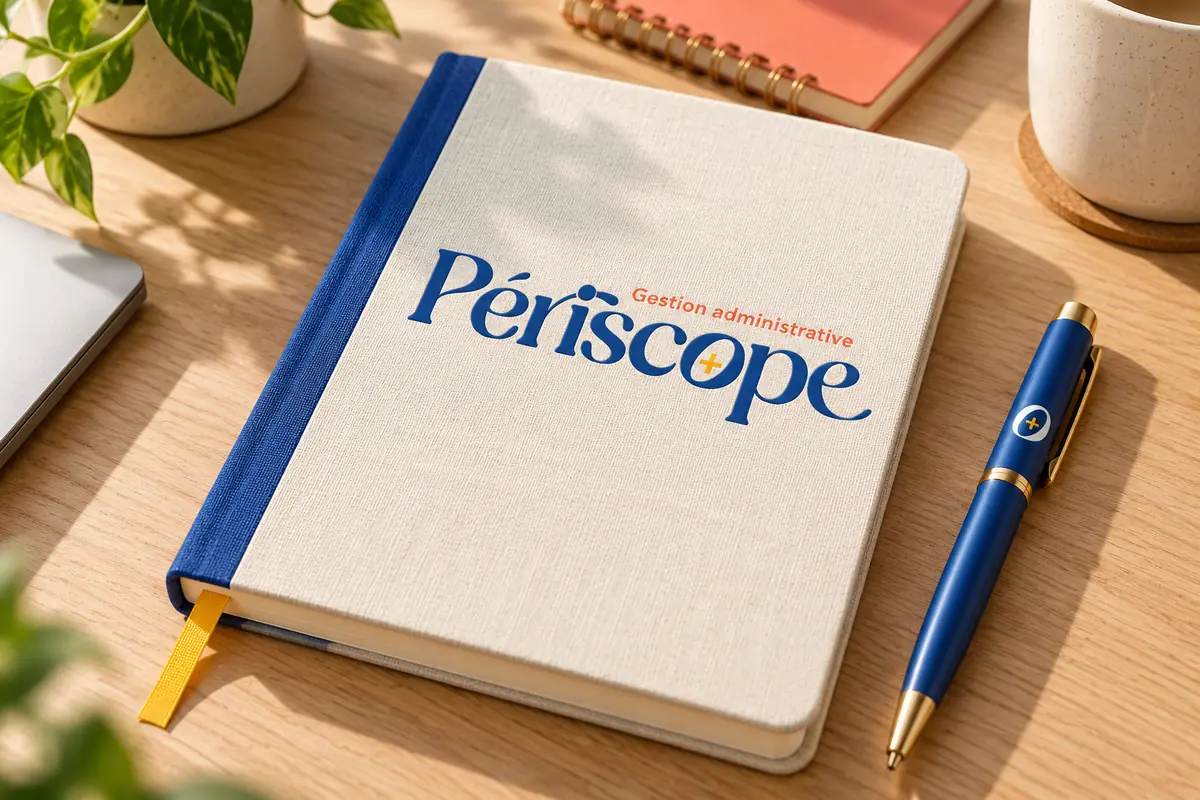 Carnet à couverture ivoire avec le logo de Périscope et stylo bleu